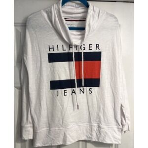 Tommy Hilfiger Women White Classic Logo Pullover‎ Cowl Sz Small Nautical Coast